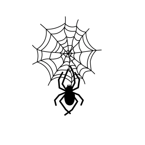 Araña negra y telaraña. Espeluznante tela de araña de Halloween símbolo. Ilustración vectorial aislada sobre fondo blanco. — Archivo Imágenes Vectoriales