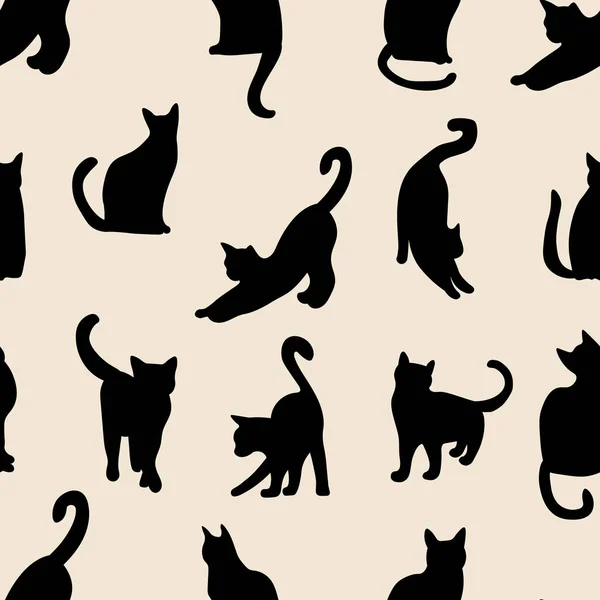 Black Cat Silhouetten Nahtloses Muster Tier Verschiedenen Posen Vektor Illustration — Stockvektor