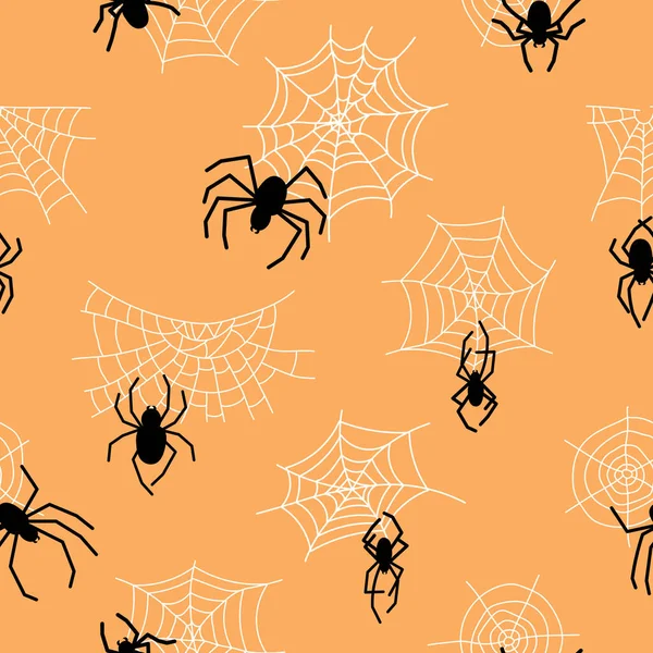 Fekete Pók Háló Nélküli Minta Félelmetes Pókháló Halloween Szimbólummal Narancssárga — Stock Vector