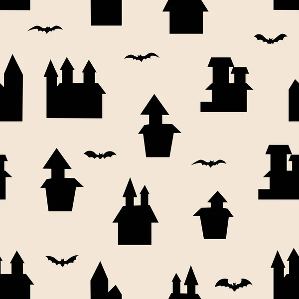 ブラックハウスとバットシームレスパターン ハロウィンのシンボルの怖い建物 カラー背景に独立したベクターイラスト — ストックベクタ