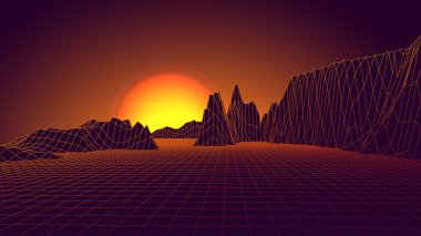 Fütürist kablo çerçevesi arka planı. 1980 'lerin dijital retro manzarası. Vektör