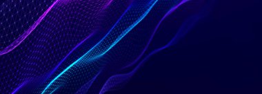 Karanlık arka planda gelecek dalgası. Renkli bağlantı noktaları deseni. Büyük veri. Teknoloji mi yoksa Bilim Sancağı mı? Üç Boyut