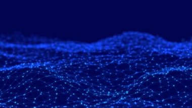 Noktaları ve çizgileri hareket ettiren soyut dijital bağlantı. Teknoloji geçmişi. Ağ bağlantısı yapısı. Pleksus etkisi. Üç boyutlu kusursuz döngü. 4K