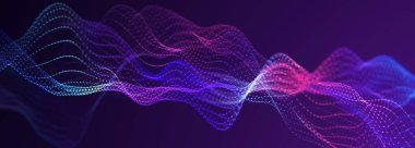 Karanlık arka planda gelecekteki noktalar. Renkli müzik dalgası. Büyük veri dijital kodu. Teknoloji mi yoksa Bilim Sancağı mı? 3B görüntüleme