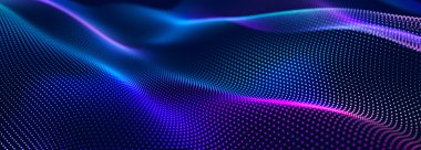 Karanlık arka planda gelecekteki noktalar. Renkli müzik dalgası. Büyük veri dijital kodu. Teknoloji mi yoksa Bilim Sancağı mı? 3B görüntüleme