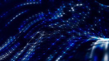 Soyut fütüristik dalga arka planı. Ağ bağlantısı noktaları ve çizgileri. Dijital yapı 3d oluşturma