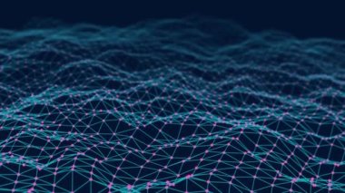 Veri teknolojisi çizimi. Noktaları ve çizgileri birleştiren soyut bir dalga. Dijital arka plan. 3D görüntüleme. Kusursuz döngü. 4k