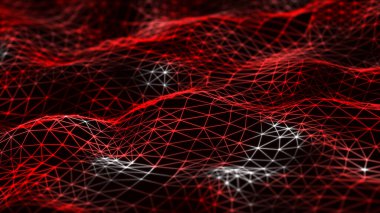 Noktaların ve çizgilerin koyu arkaplandaki yapısı. Kırmızı soyut çokgen uzay. 3d oluşturma