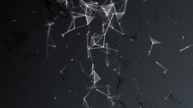 Noktaları ve çizgileri hareket ettiren soyut dijital bağlantı. Teknoloji geçmişi. Ağ bağlantısı yapısı. Pleksus etkisi. Üç boyutlu kusursuz döngü. 4K