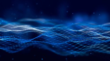 Soyut fütüristik dalga arka planı. Ağ bağlantısı noktaları ve çizgileri. Dijital arka plan. 3d oluşturma.