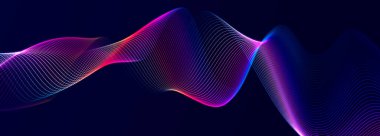 Karanlık arka planda gelecek dalgası. Bağlantı noktaları ve çizgilerinin renkli deseni. Teknoloji Bayrağı. Üç Boyut