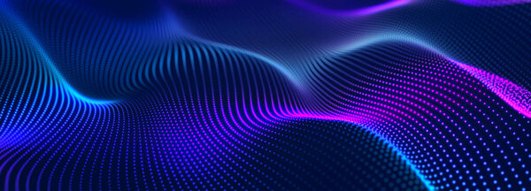 Футуристический рисунок точек на тёмном фоне. Цветные музыкальные волны. Цифровой код больших данных. Технология или научное знамя. 3D рендеринг