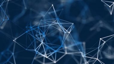 Noktaları ve çizgileri hareket ettiren soyut dijital bağlantı. Teknoloji geçmişi. Ağ bağlantısı yapısı. Pleksus etkisi. Üç boyutlu kusursuz döngü. 4K