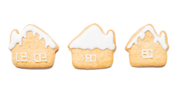 Biscuits Noël Forme Maisons Sur Fond Blanc Isolé — Photo