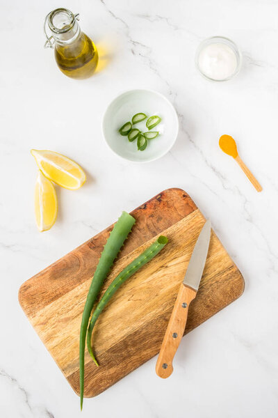Homemade skin care concept. Green natural ingredients aloe vera, lemon, yogurt, turmeric, olive oil for making a cosmetic mask on a light background