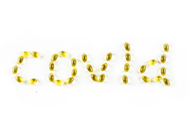 Covid Laid Out Form Capsules Cod Liver White Background — Stock fotografie