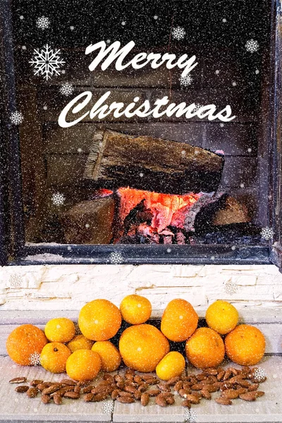 Happy Christmas Fireplace Tangerines — Stock Photo, Image