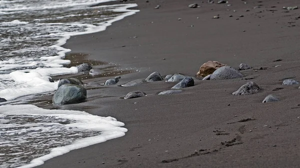Tenerife adasında çakıl taşları olan kumlu sahil alçak gelgitte, yatay,