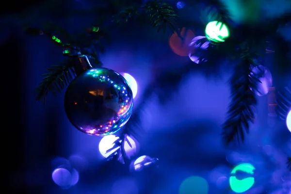 Christmas Tree Blue Ball Christmas Tree Fluorescent Horizontal Format — Stock Photo, Image