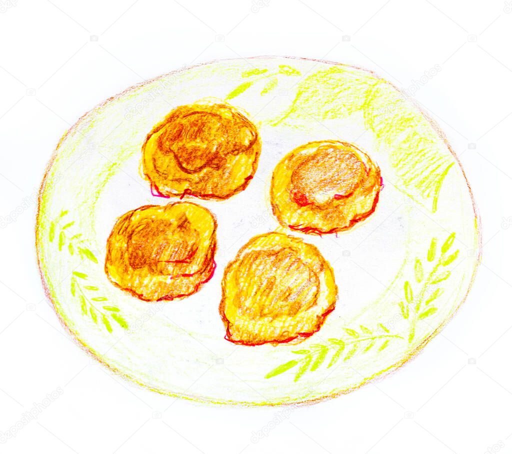 cheese pancake on a plate drawn with colored pencils on a white background