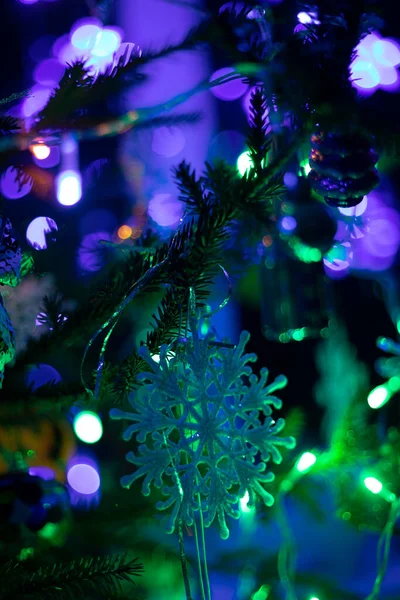 Festive New Year Lilac Background Christmas Tree Decoration Snowflakes Christmas — Stock Photo, Image