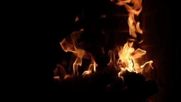 Flamme Feu Dans Une Cheminée Dans Obscurité — Video