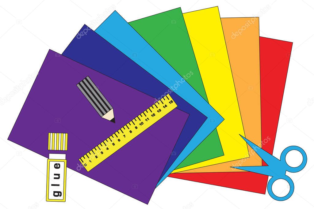 Colored paper of all colors of the rainbow glue scissors and a ruler to make applications isolate, vector