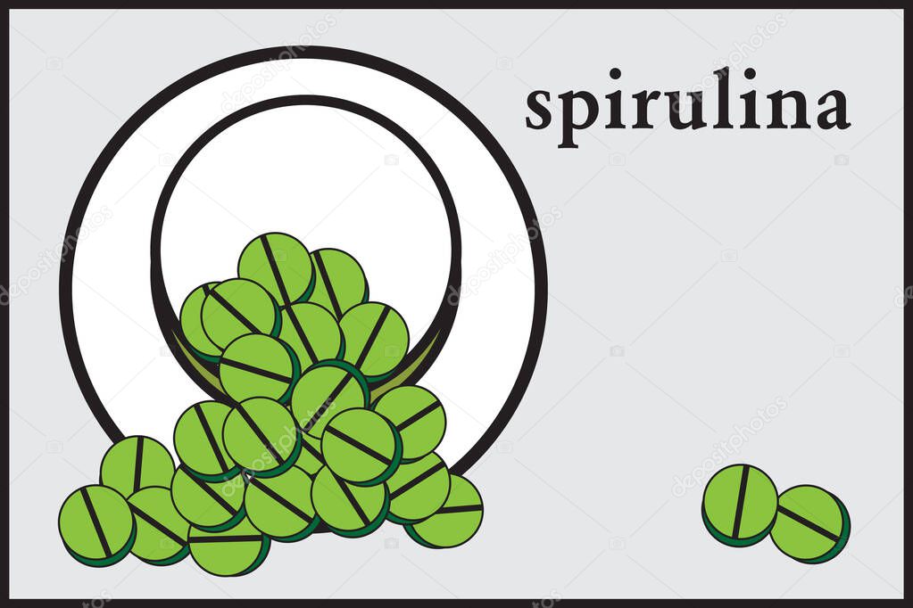 stylized green spirulina pills in a jar, minimalist style, label, isolate, vector