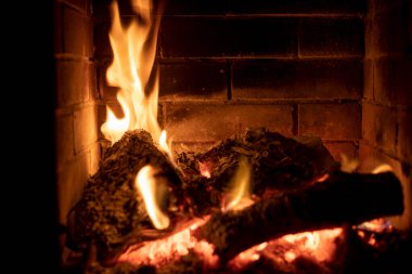 Taş şöminede yanan ateş, açık kapılı ahşap, rahat bir ev.