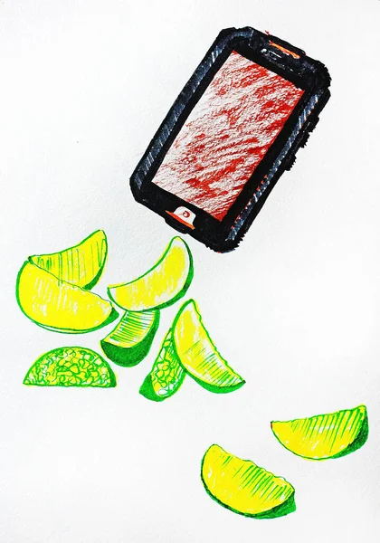 Smartphone Mit Scheiben Grüner Äpfel Auf Weißem Hintergrund Aquarell Illustration — Stockfoto