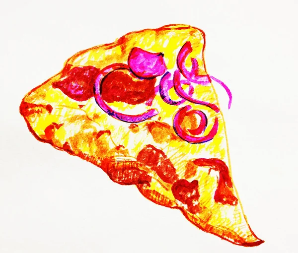 Кусок Пиццы Беконом Луком Курицей Всплеск Акварелей Иллюстрация Изоляция — стоковое фото
