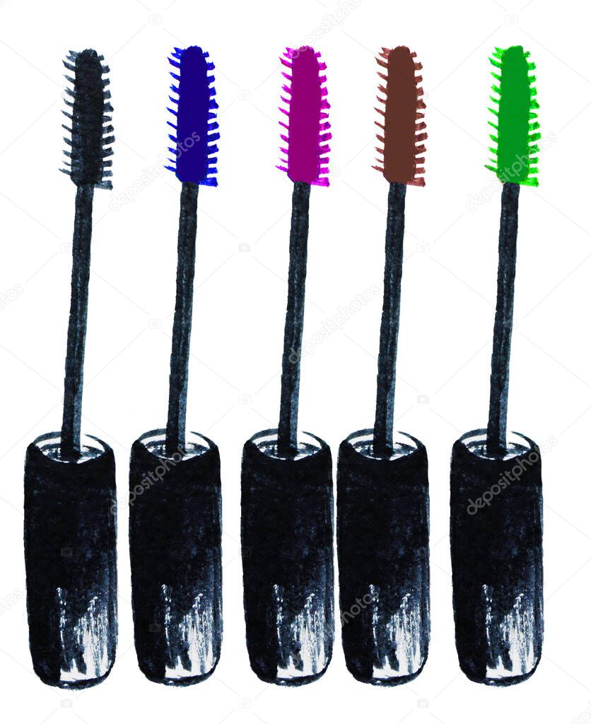 eyelash brushes of different colors watercolor, isolate, illustration