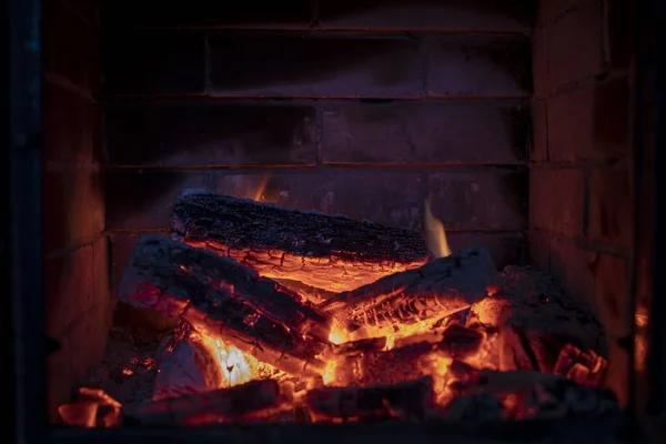 Flaming Fire Fireplace Oak Wood Horizontal — Stock Photo, Image