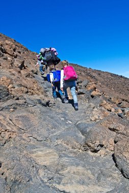 Mutlu aile, Tenerife adasındaki Teide volkanına tırmandı. Taştan bir yüzey üzerinde doğal bir manzara., 
