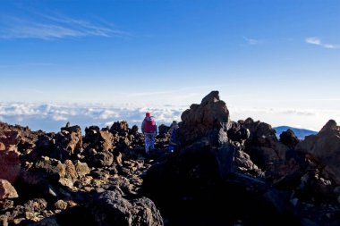Mutlu çocuklar Kanaryalardaki Teide volkanından 3.500 metre yükseklikte taşlaşmış lav, lav vadisi, doğal arka plan, güneşe karşı, panorama
