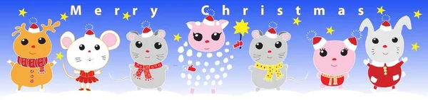 Happy New Year Cute Animals Christmas Star Blue Background Vector — Stock Photo, Image