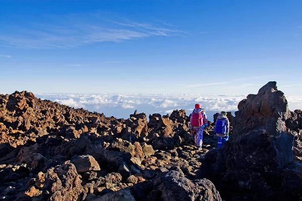 Boldog Gyerekek Ereszkednek Teide Vulkán Kanári Szigetek Megkövült Láva Láva — Stock Fotó