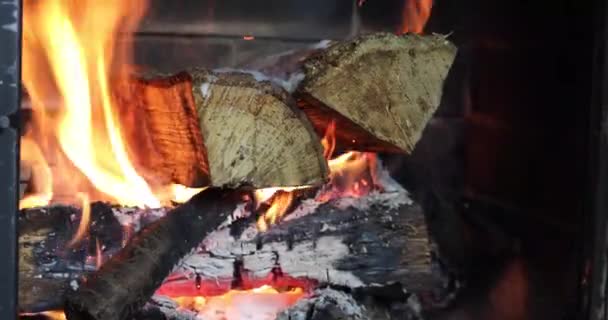 Płonący Ogień Kominku Drewna Śniegu — Wideo stockowe