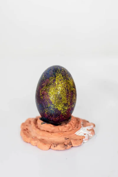 Purple Easter Egg Glitter Glitten Stand Preparation Holiday — Stock fotografie