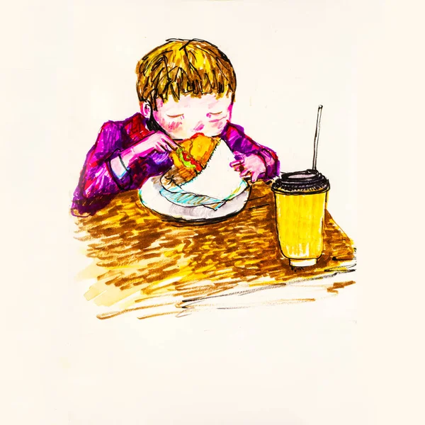 Boy Blond Hair Eating Croissant Drink Cafe Watercolor Drawing Isolate — 스톡 사진