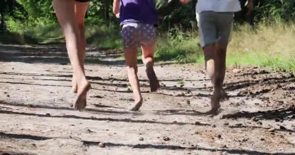 Crianças Felizes Correm Descalças Floresta Dia Ensolarado Horizontal Embaçado — Vídeo de Stock
