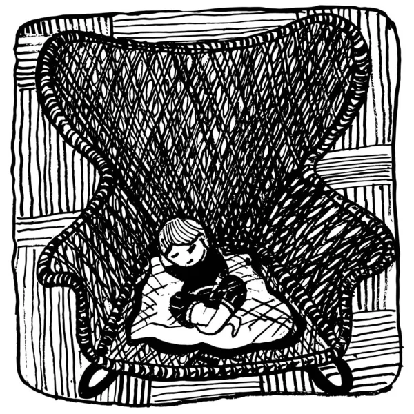 Heureuse Petite Fille Dormir Dans Une Grande Chaise Dessin Main — Photo