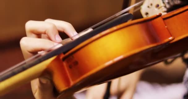 Размытая Левая Рука Молодого Скрипача Сжимает Струны Шее Скрипки Горизонтально — стоковое видео