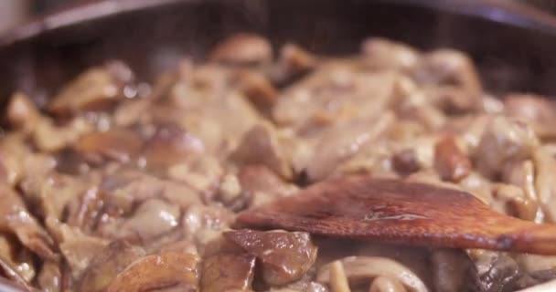 Revuelva Las Setas Porcini Fritas Con Una Espátula Madera Horizontal — Vídeos de Stock