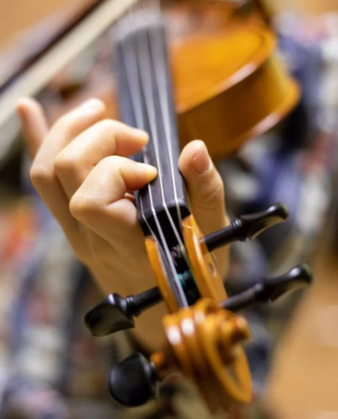 Hand Young Violinist Who Holds Neck Presses Strings While Playing — Stock Photo, Image