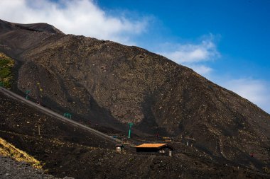 Gün boyunca kraterle kaplı Etna volkanı üzerindeki güzel dağ manzarası.