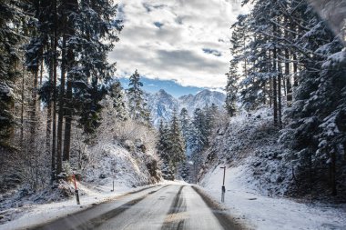 Güzel karlı dağ yolu. Ormanda kar yağıyor.
