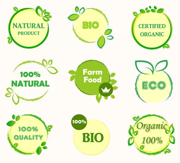 Sada bio zdravé čerstvé potraviny logo nálepky, balení designu emblémy zelená — Stock fotografie