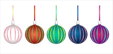 Çok renkli 3D desenli Noel ağacı cam topları seti. Kurdeleli.