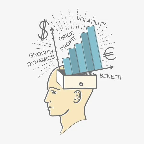 Head-box: muži myšlenky o peníze, výnosy, zisk, ekonomika. — Stockový vektor